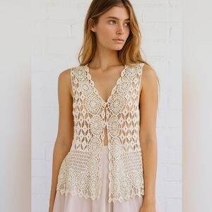Papillon Crochet Button Sleeveless Top Size M Boho Sheer Vest Feminine